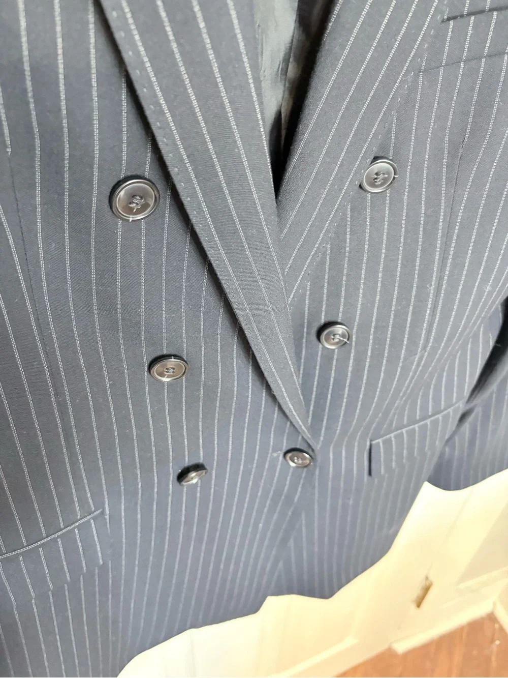 Vintage 1990s Emporio Armani Green Line Double-Breasted Pinstripe Blazer